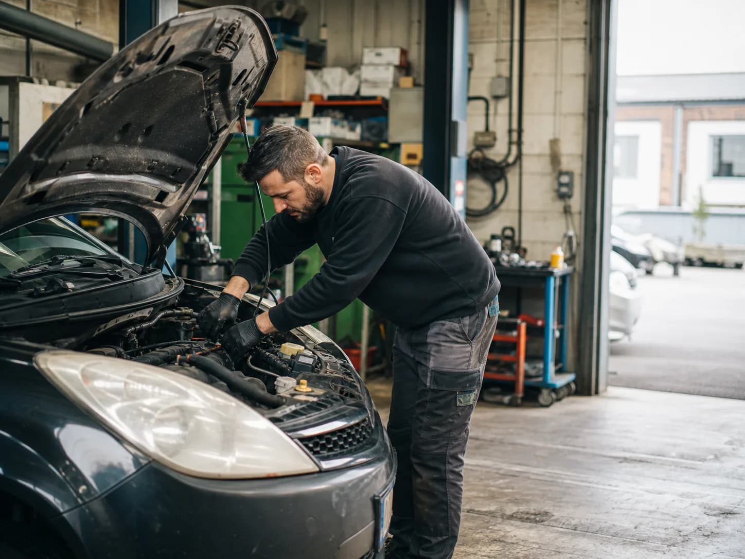 Mechanicien die aan een auto werkt in een garage